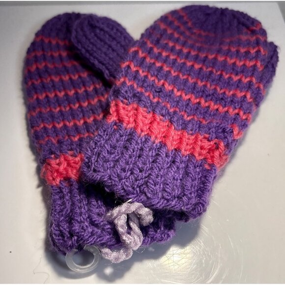 Hand Knitted Mittens Purple & Pink Striped Kids 7" Long New - Picture 3 of 3